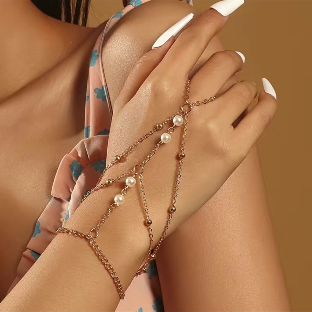 Gold 18k plated Multi Layer Finger Ring Summer Desert Bracelet with Pearls